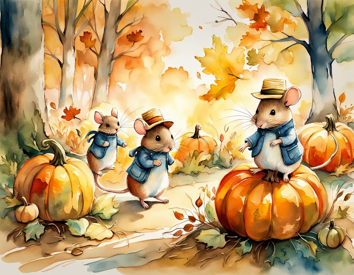 Cute Mice in Autumn Woods Watercolor Painting