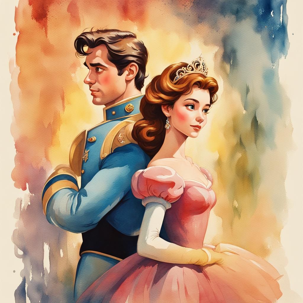 Charming Disney Couple in Watercolor Screenprint