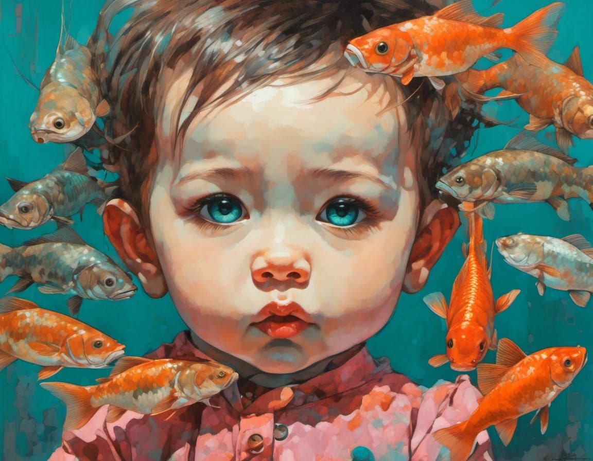 Baby Yakuza Portrait with Koi Carps in Vivid Colors