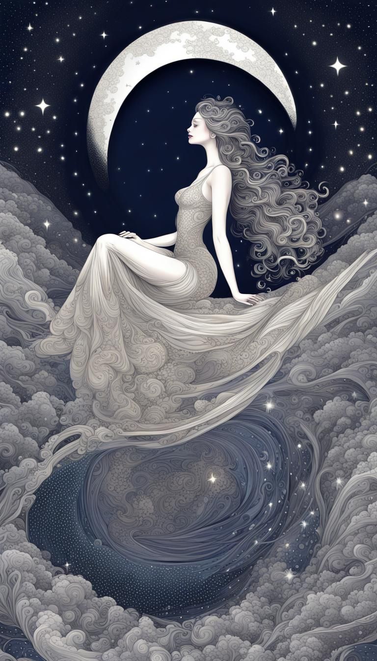 Goddess on Moon in Starry Sky with Fractals
