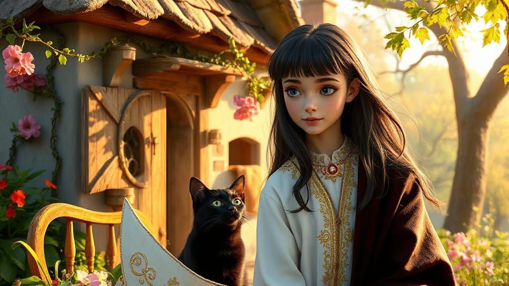 Young Witch in Whimsical Cottage Scene