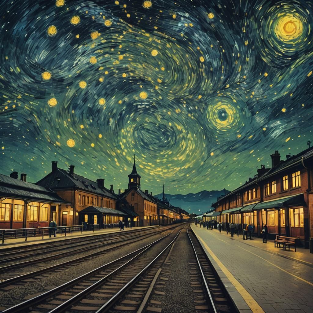 Railway Station in Starry Night Impasto Style