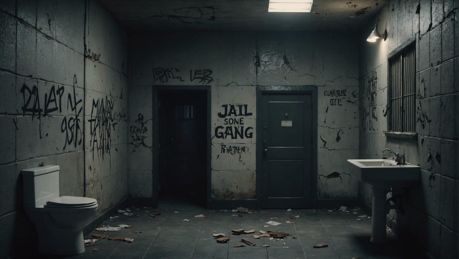 Gritty Prison Cell with Graffiti in Photorealistic Style