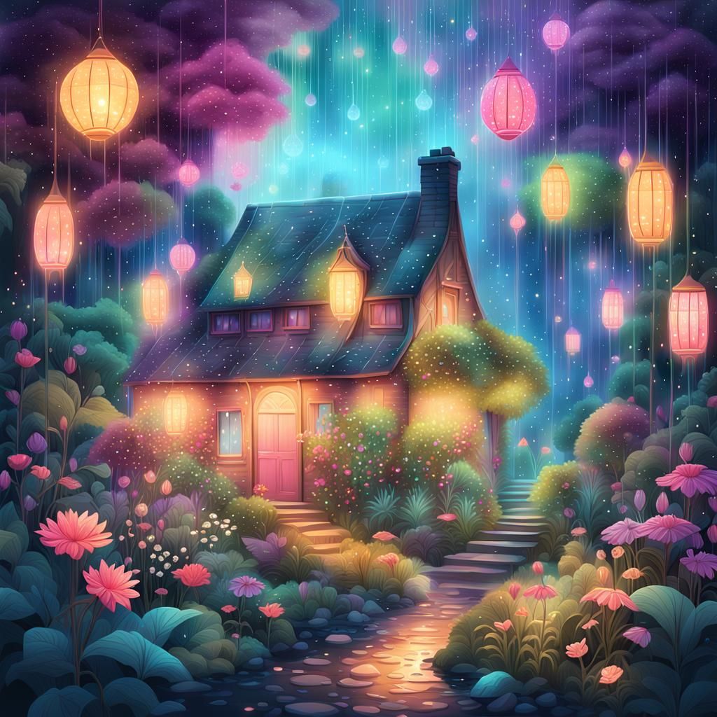 Cosmic Cottage Garden in Dreamy Digital Art Style