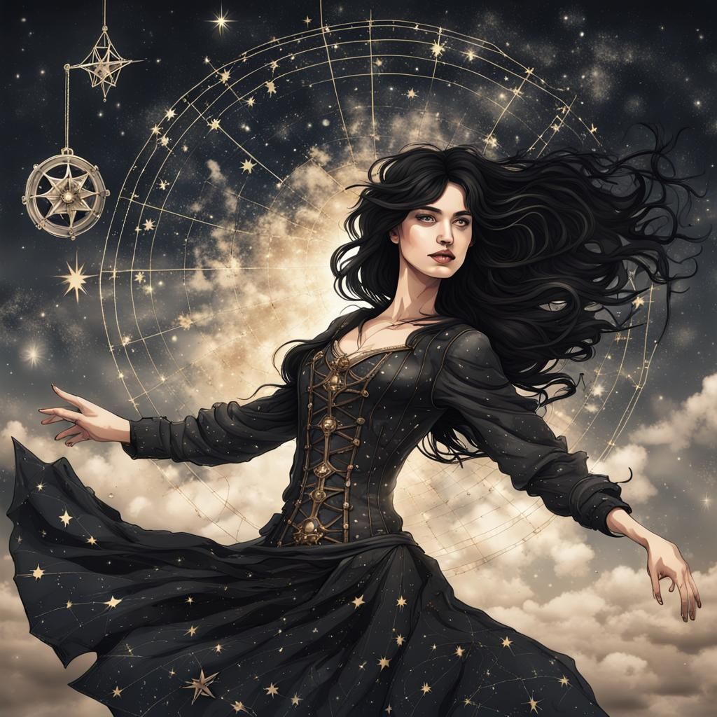 Girl Dancing in Constellations with Steampunk Engine