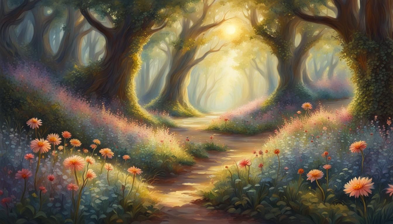 Sunlit Flower Forest Clearing with Fairy Lights
