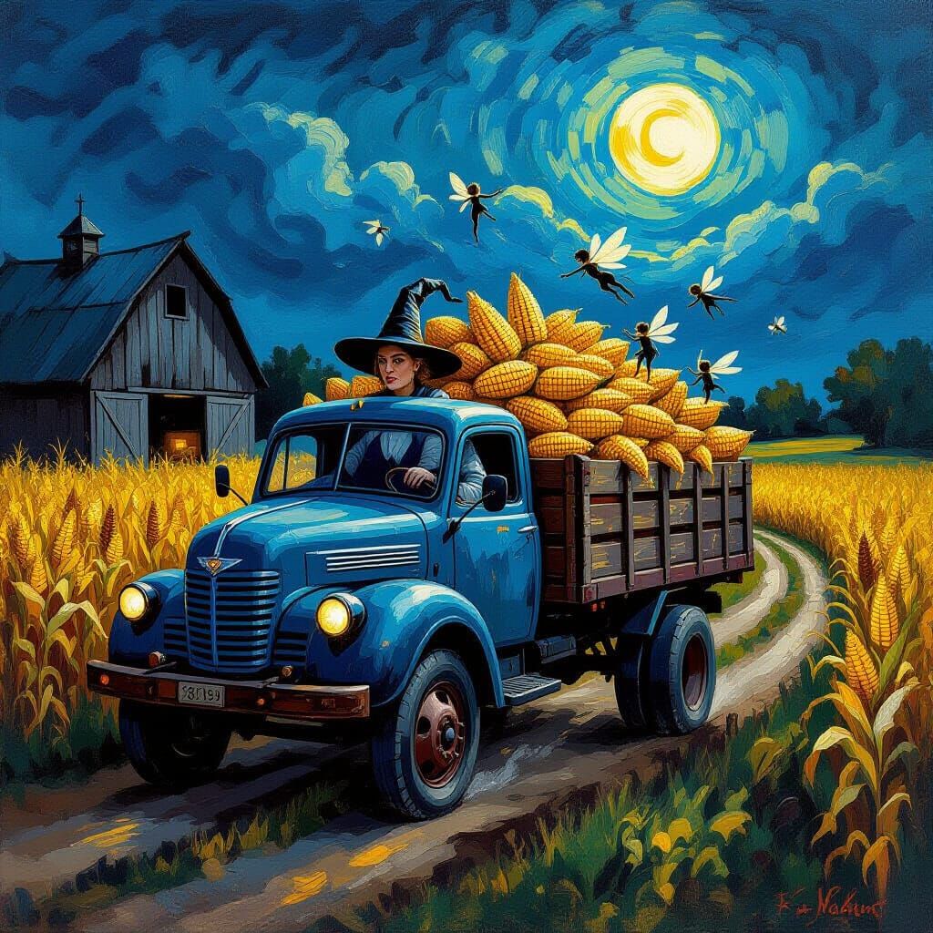 Witch Driving Corn Harvest Truck in Impasto Oil Style