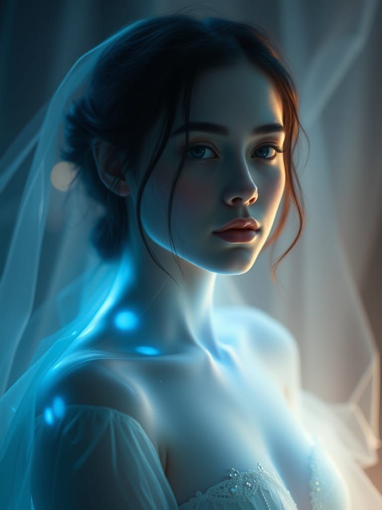 Ethereal Woman Portrait with Translucent Blue Glow