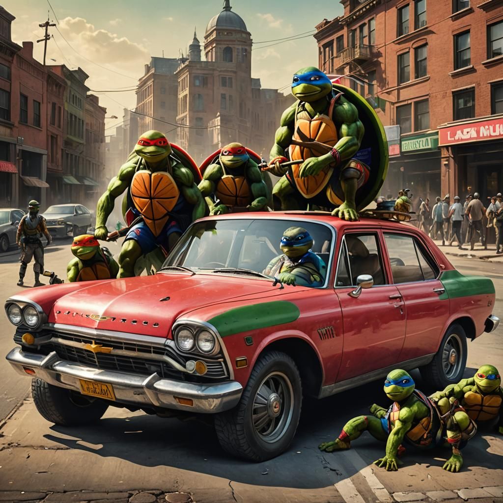 Watermelon Drives Chevy With Ninja Turtles: Surreal Art