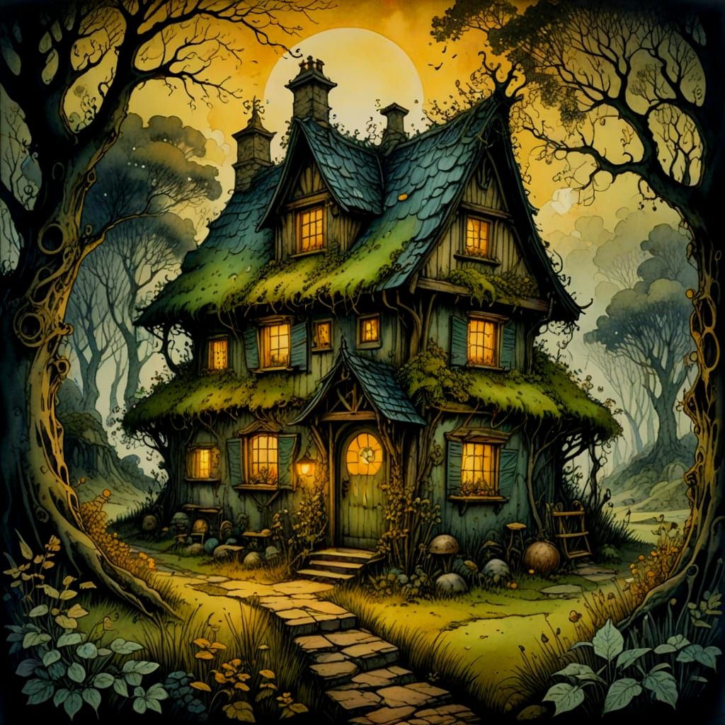 Charming Cottage in Surreal Watercolour Fairy Tale Style