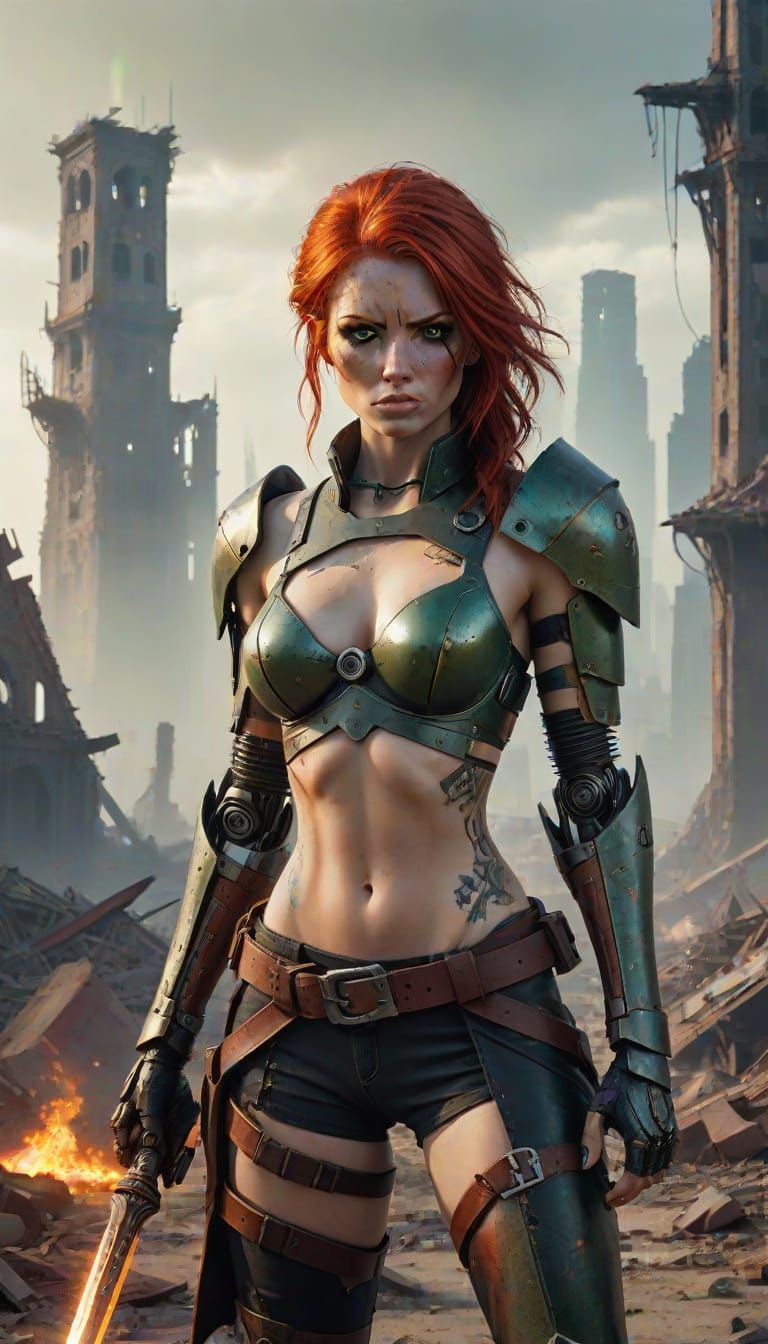 Cyberpunk Warrior Defies Ruins with Sword and Resolve