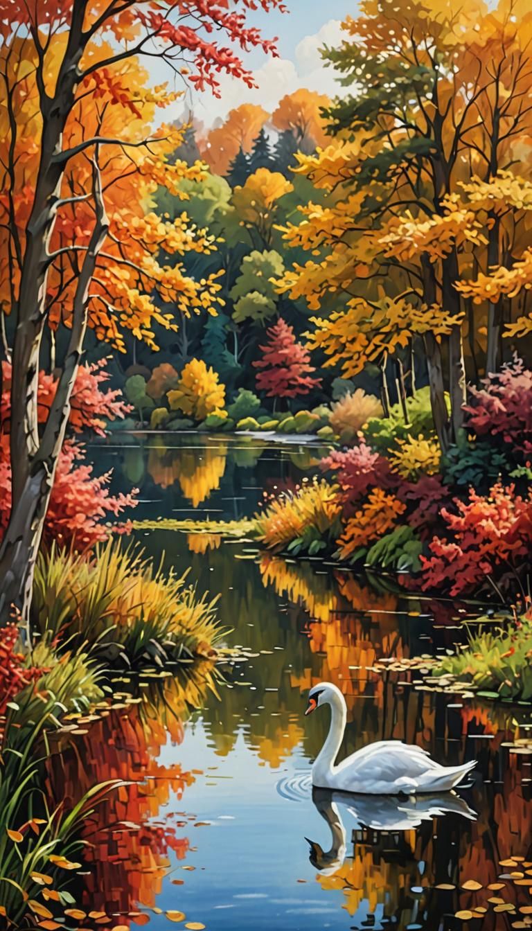 Autumn Lake Scene with Swan in Detailed Painting