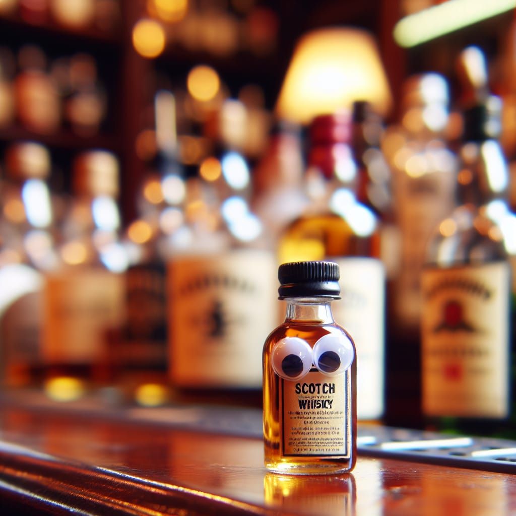 Anthropomorphic Scotch Whisky Bottle with Googly Eyes
