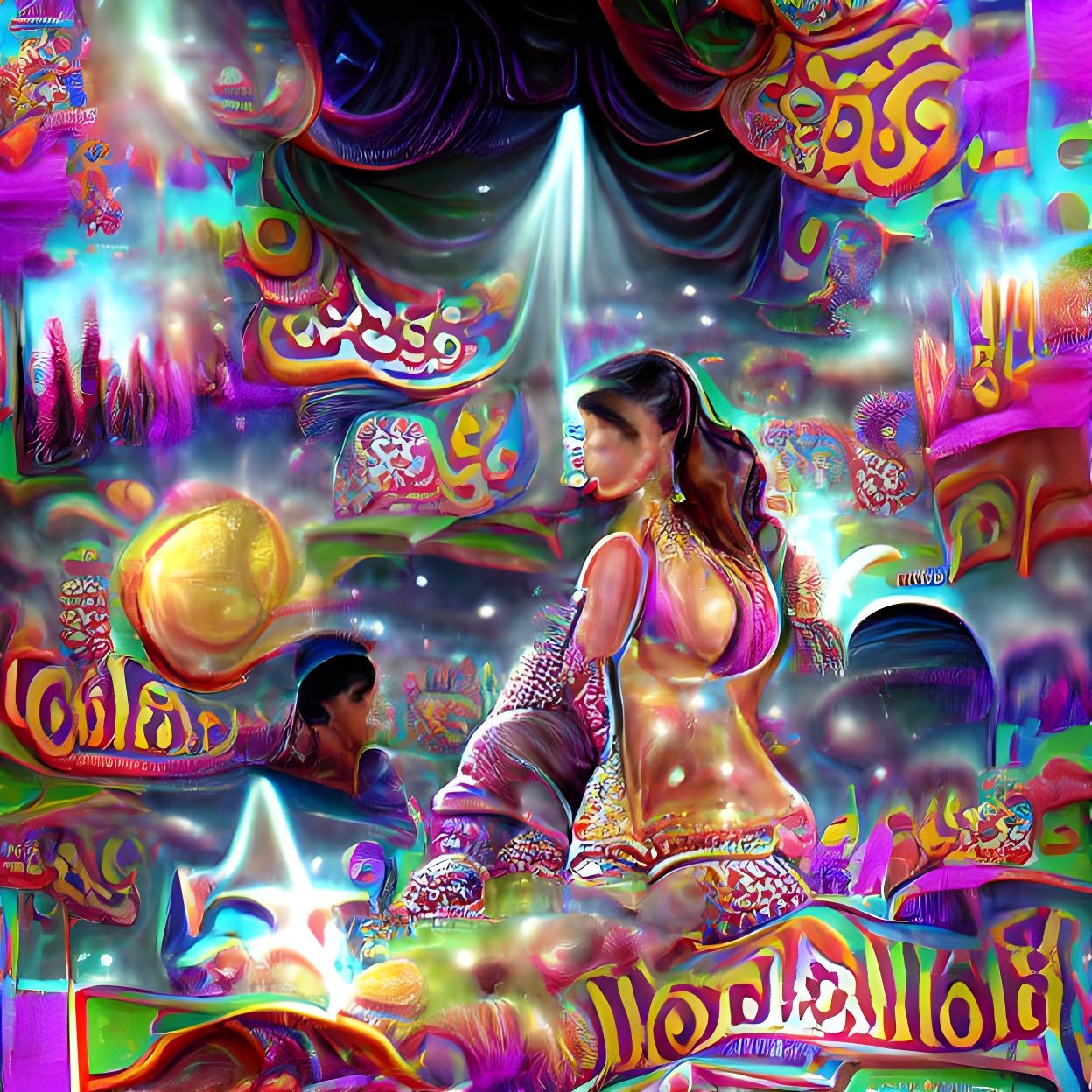 Holographic Bollywood Astral Illustration in Vibrant Colors