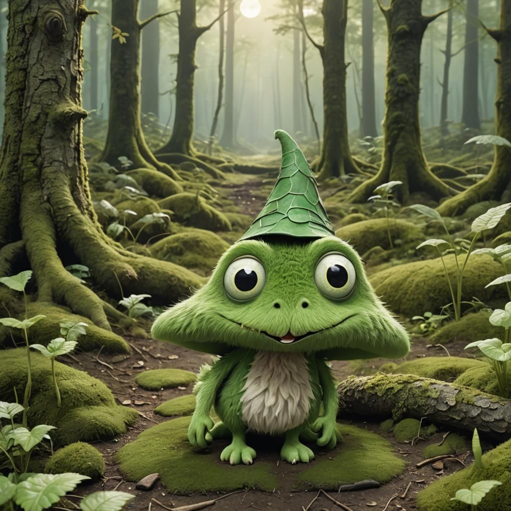 Furry Green Creature in a Fantastical Forest