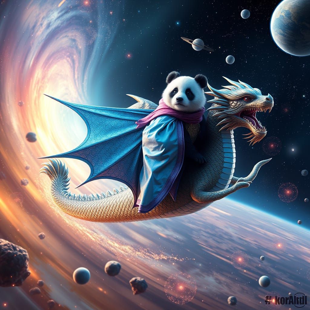 Majestic Panda Rides Dragon Through Cosmic Vortex