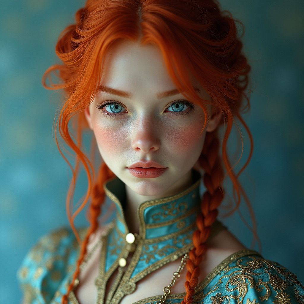 Red-Haired Woman Portrait in Rutkowski and Mucha Style