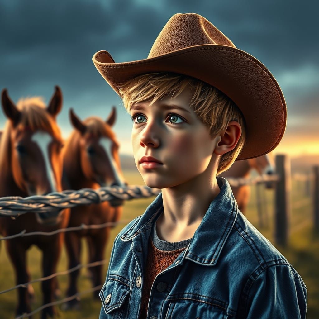 Cowboy Teenager Gazing at Horses: Hyperdetailed Portrait