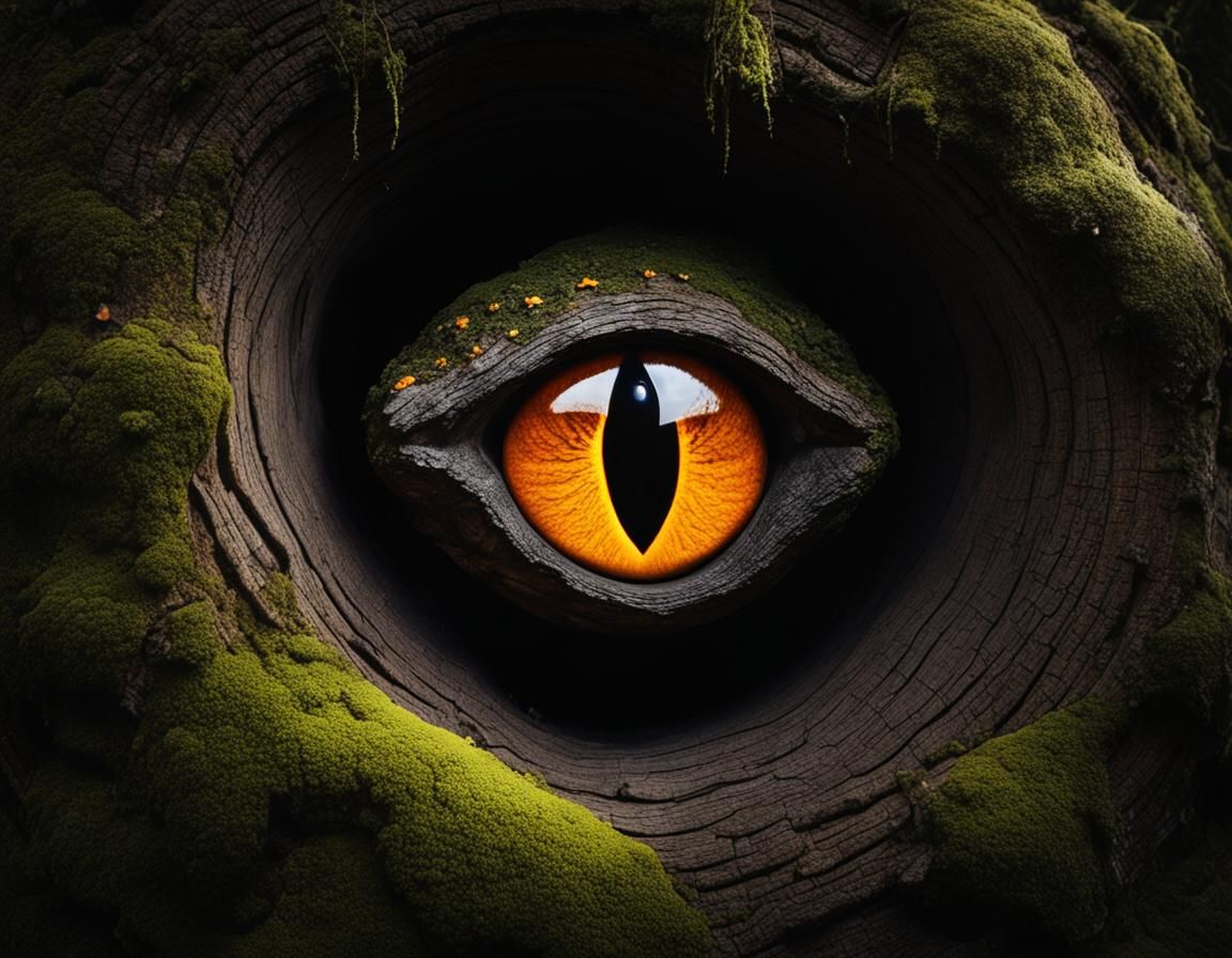 Glowing Eyes in Dark Forest Tree Trunk
