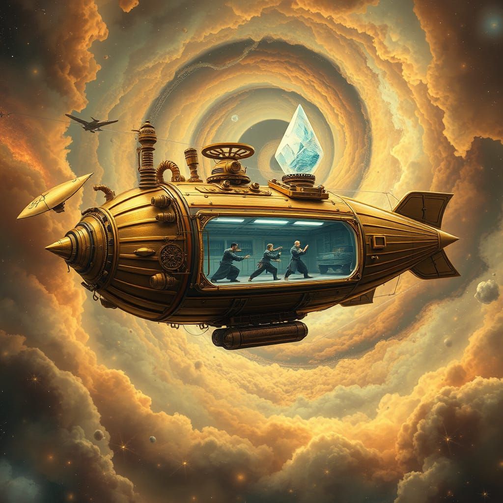 Steampunk Airship Dojo Soaring Through Nebula
