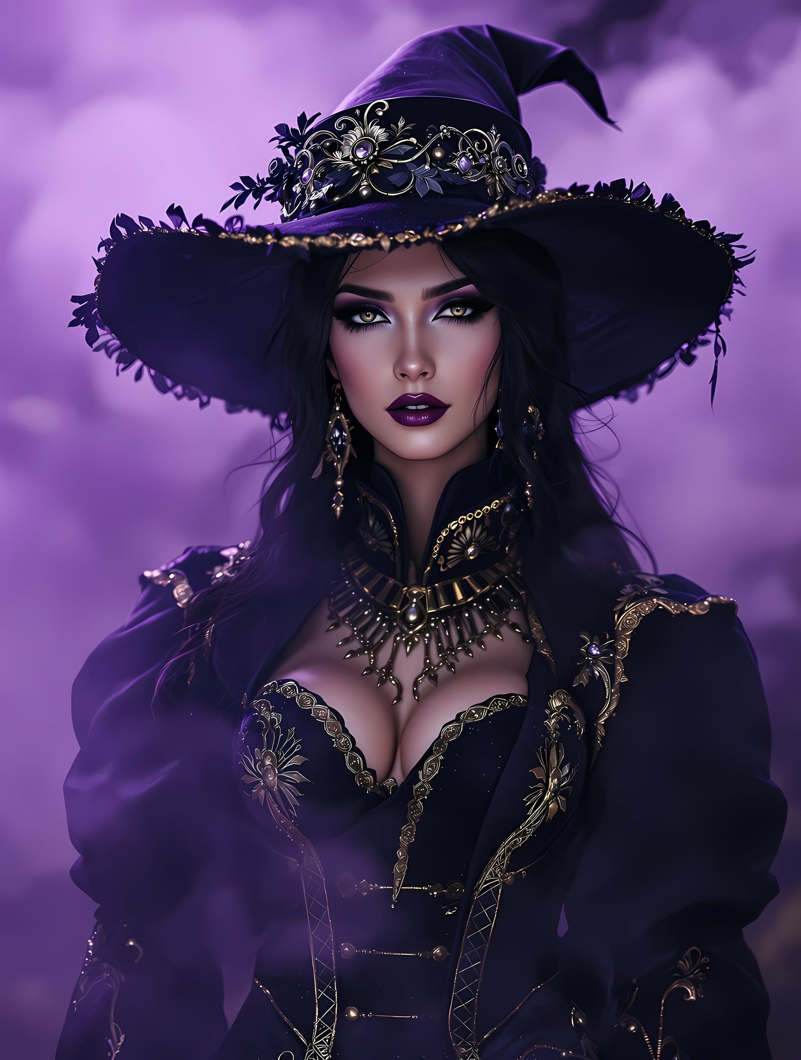 Ethereal Fantasy Portrait with Gold Trim and Purple Haze