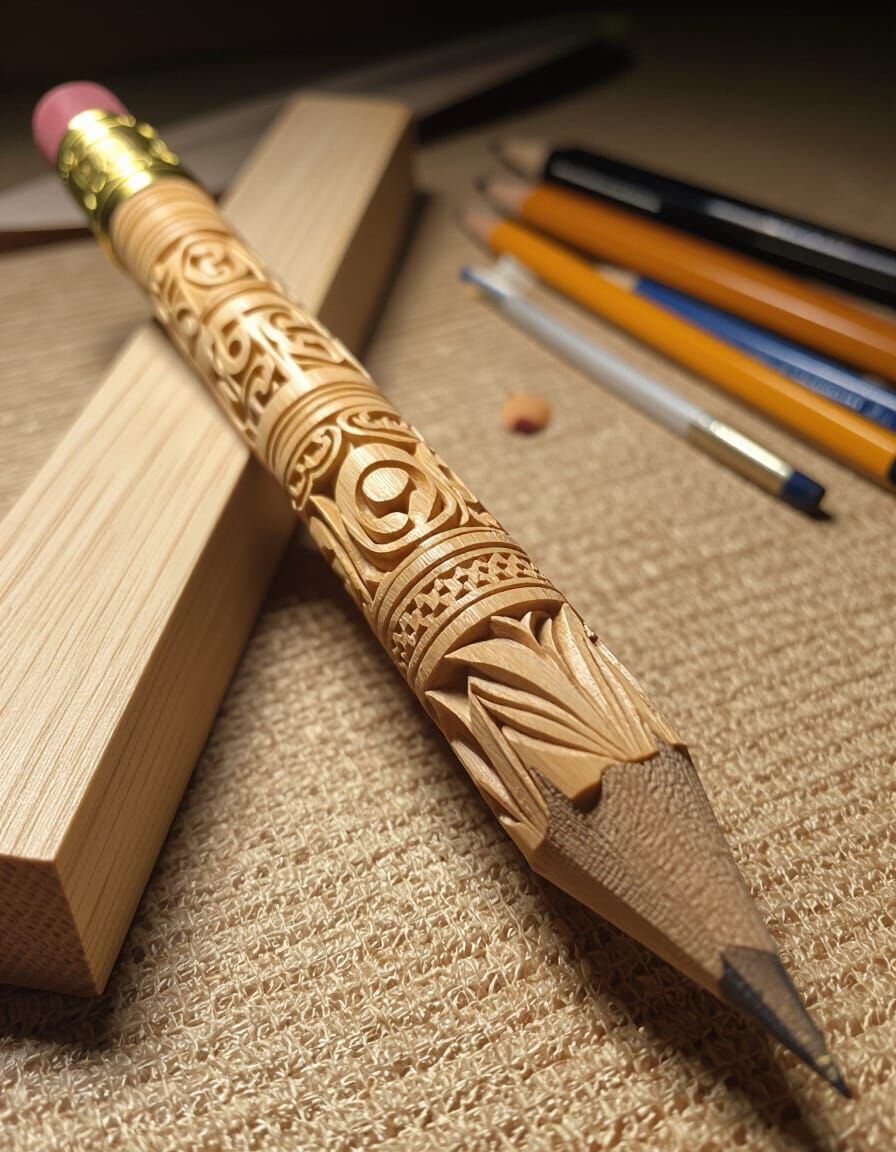 Wooden Pencil in Wood Carving Style