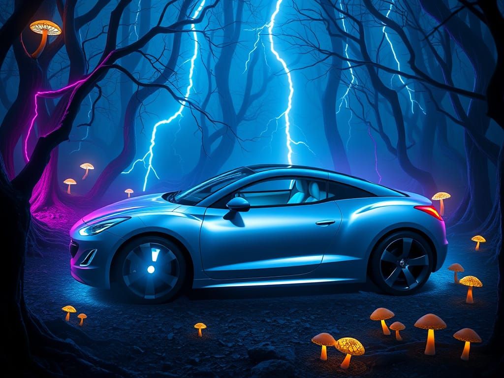 Ethereal Light Blue Peugeot RCZ in a Stormy Forest