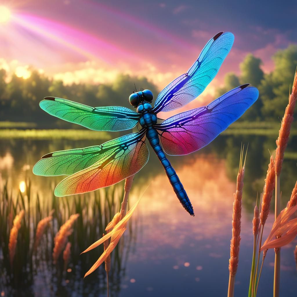 Rainbow Dragonfly on Pond in Detailed Matte Painting