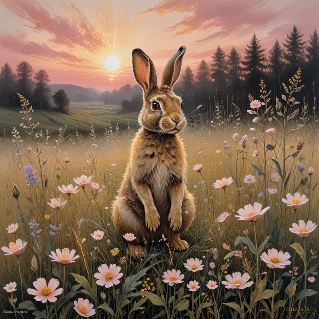 Cute Rabbit in Meadow at Sunrise, Ink Painting Style