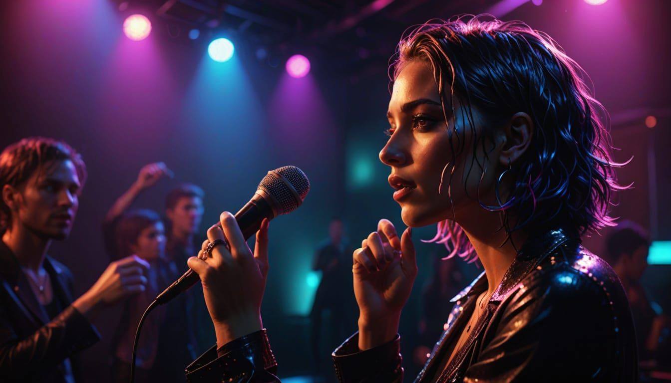 Singer Gazing Upwards in Neon-Lit Nightclub