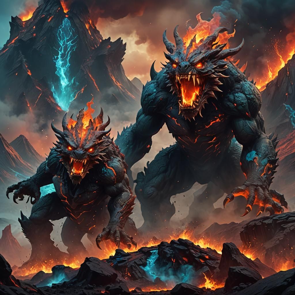 Volcano Monsters Emerge in Fantasy Landscape
