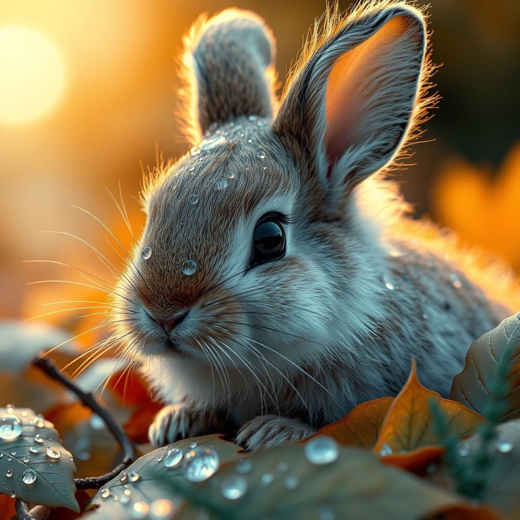 Fluffy Bunny with Dew Drops on Autumn Leaves