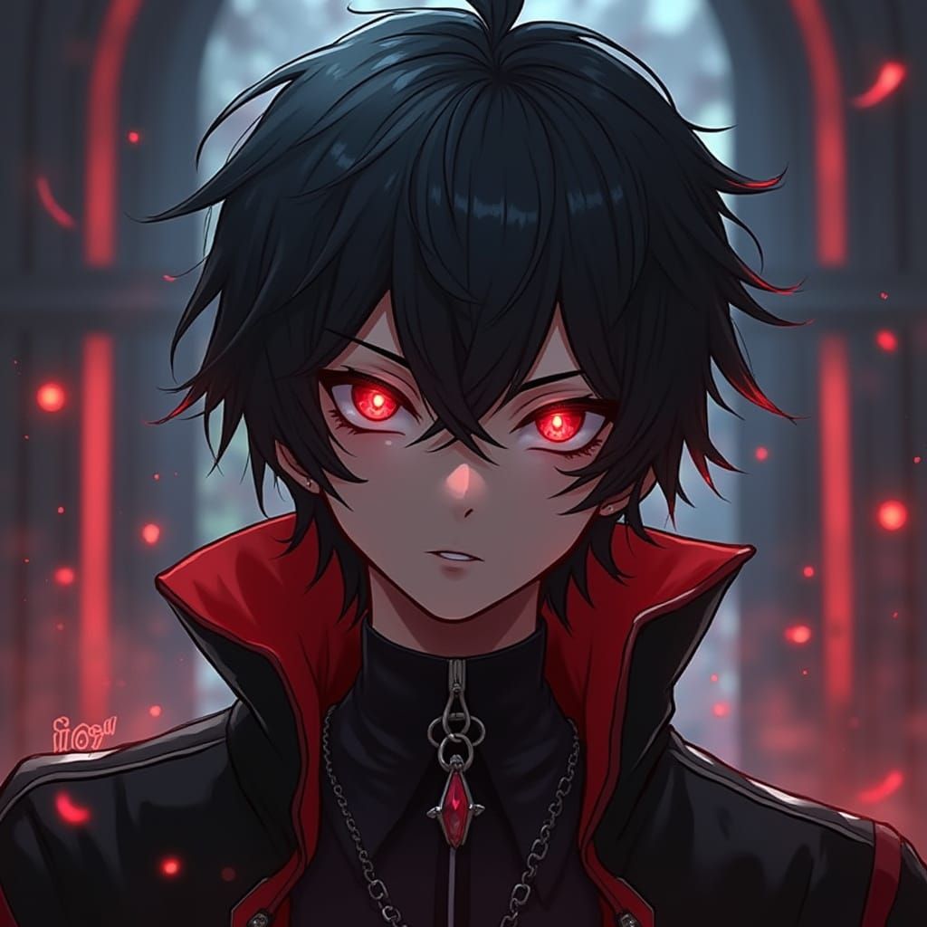 Fantasy Anime Heroine with Glowing Eyes in Red and Black Att...