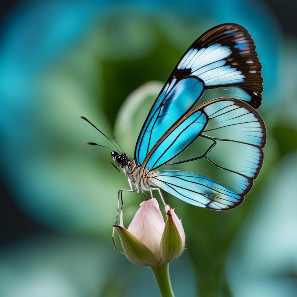 Glasswing Butterfly on Transparent Blue Rose