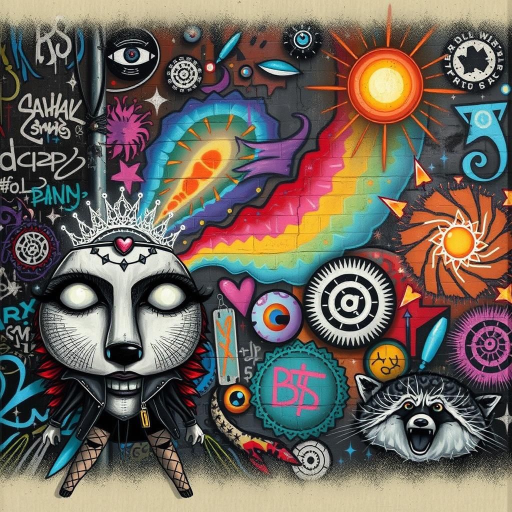 Punk Fairy Princess and Urban Raccoon in Street Art Style