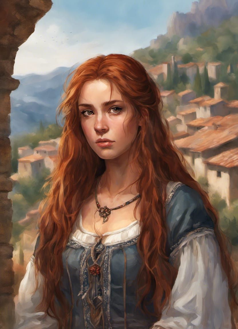 Medieval Mediterranean Girl in Mountain Village
