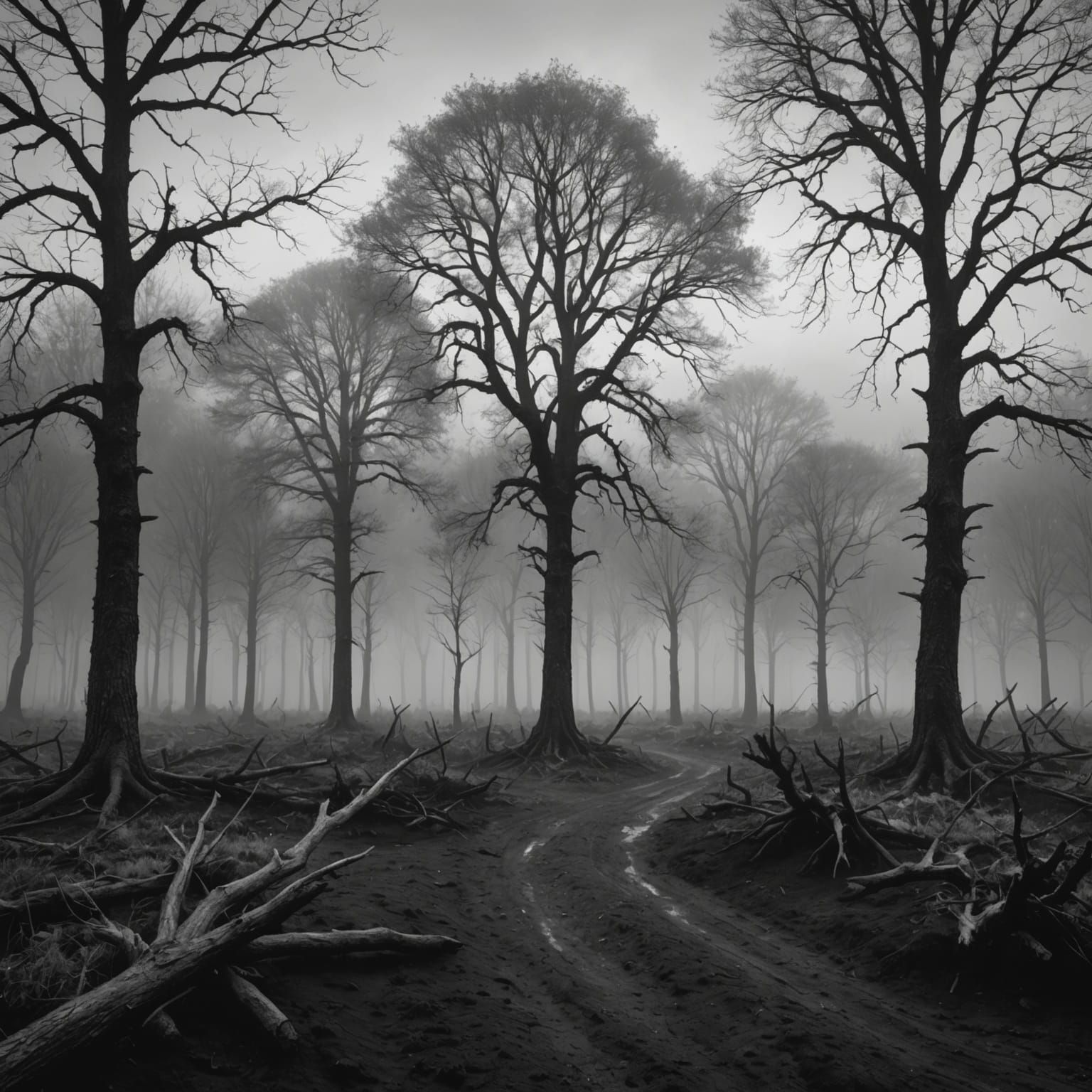 Eerie Gray Trees Emerge in Foggy Black and White Landscape