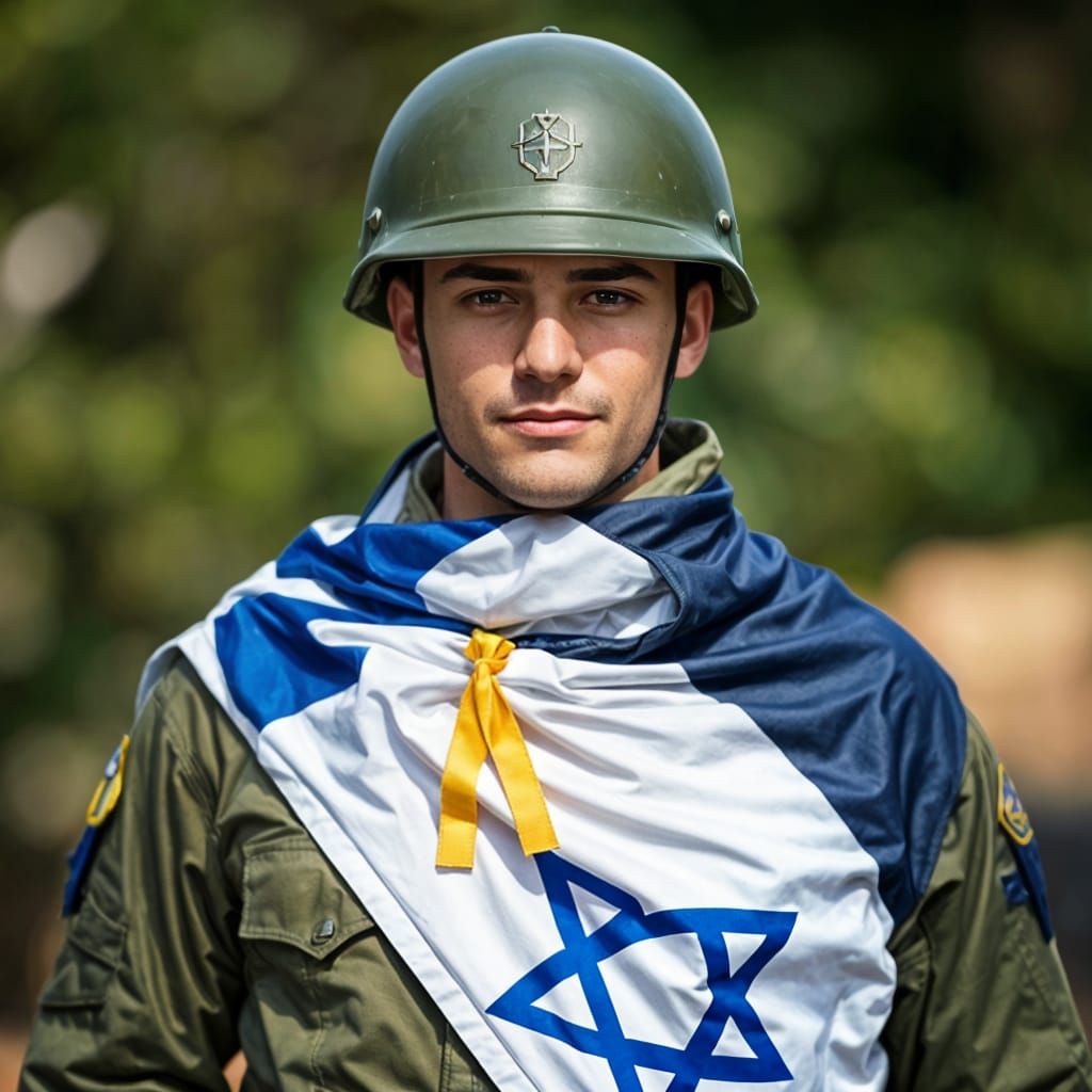 Proud Israeli Soldier with Flag Cape