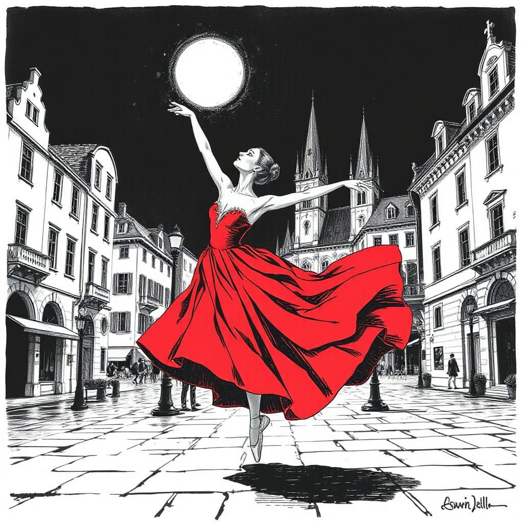 Ballet Dancer in Red Dress, Dark Swan, Ink Drawing