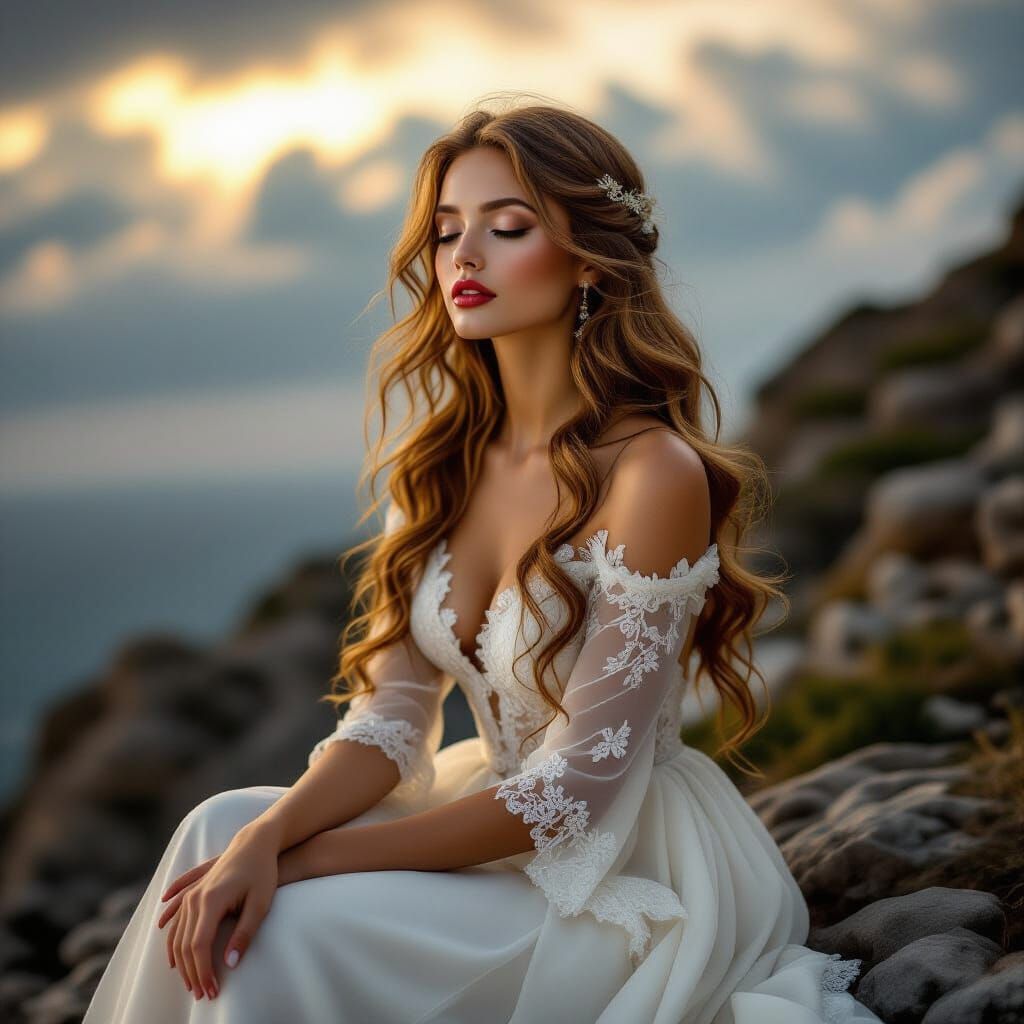 Ethereal Woman on Cliff in Stormy Light