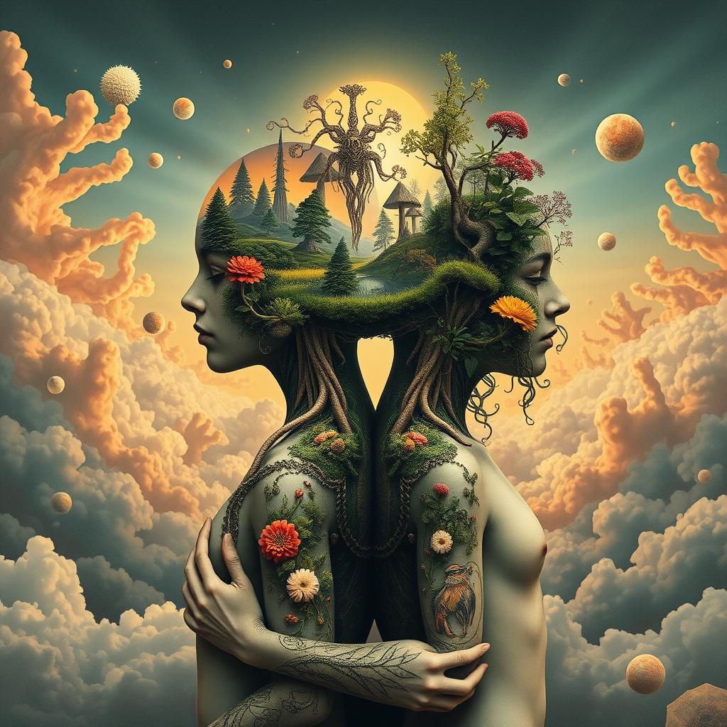 Surreal Mindscape: Intertwined Figures in Dreamlike Landscap...