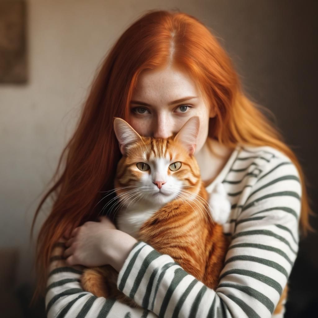 Girl and Ginger Cat in Warm Light