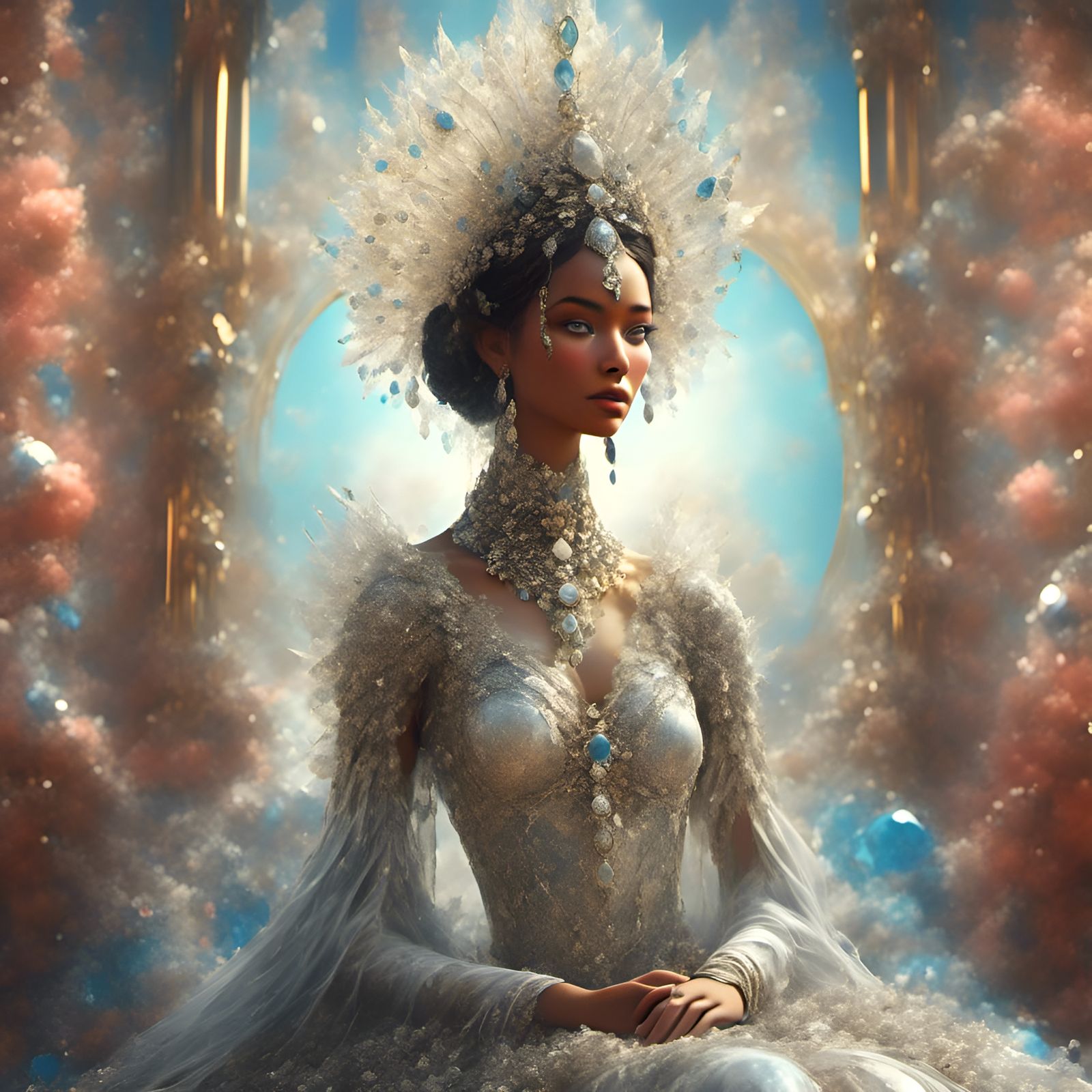 In the depths of a fabled realm, nestled a throne of crystal, upon which a goddess sat in regal splendor.