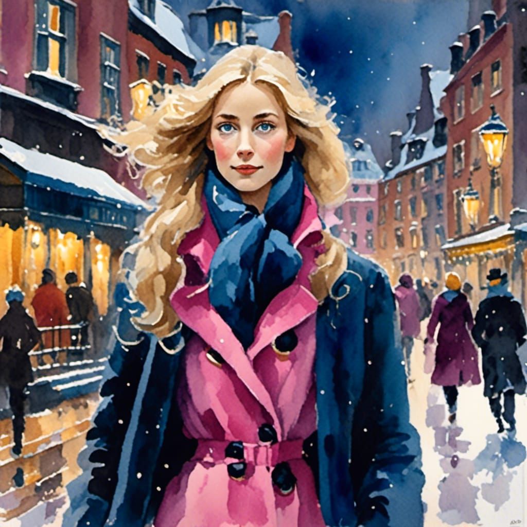 Scandinavian Woman in Copenhagen: Gouache Watercolor Paintin...