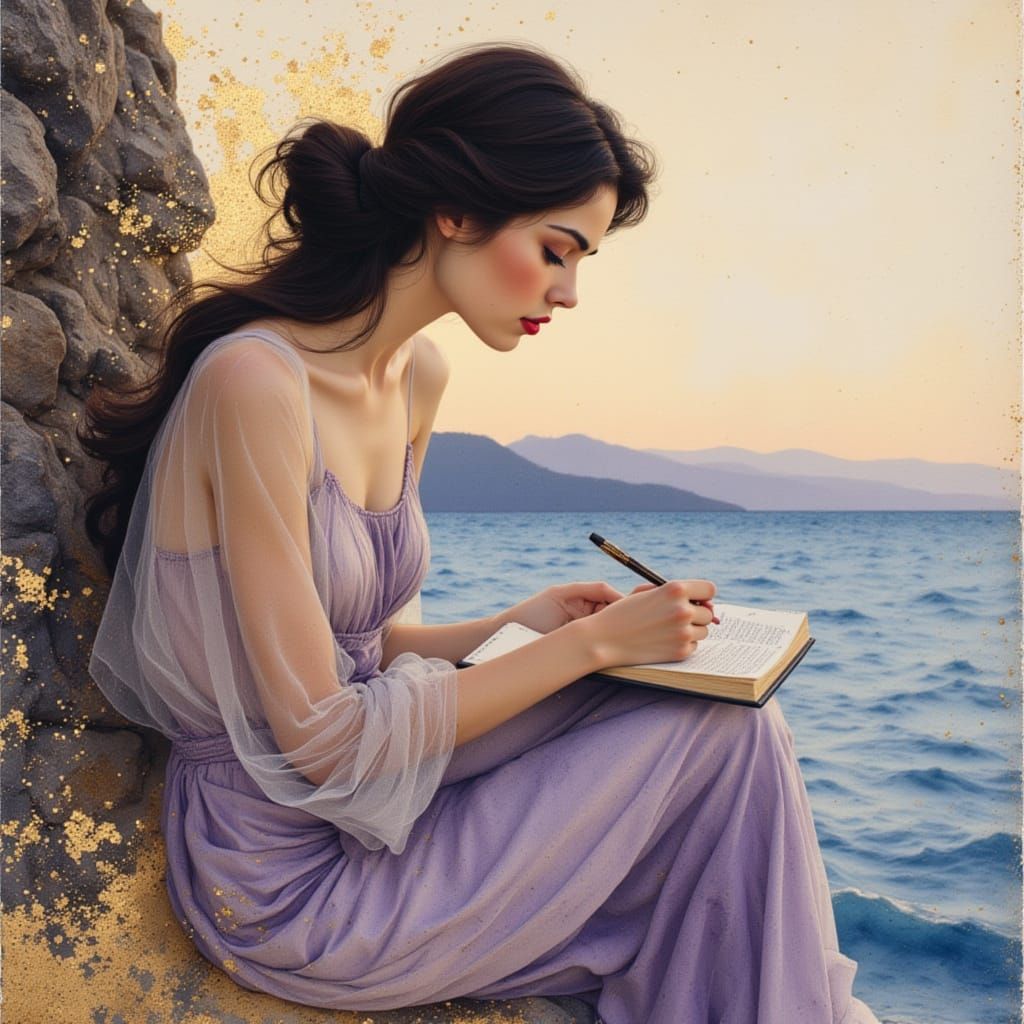 Sappho Writes on Lesbos in Sensuous Watercolor Style