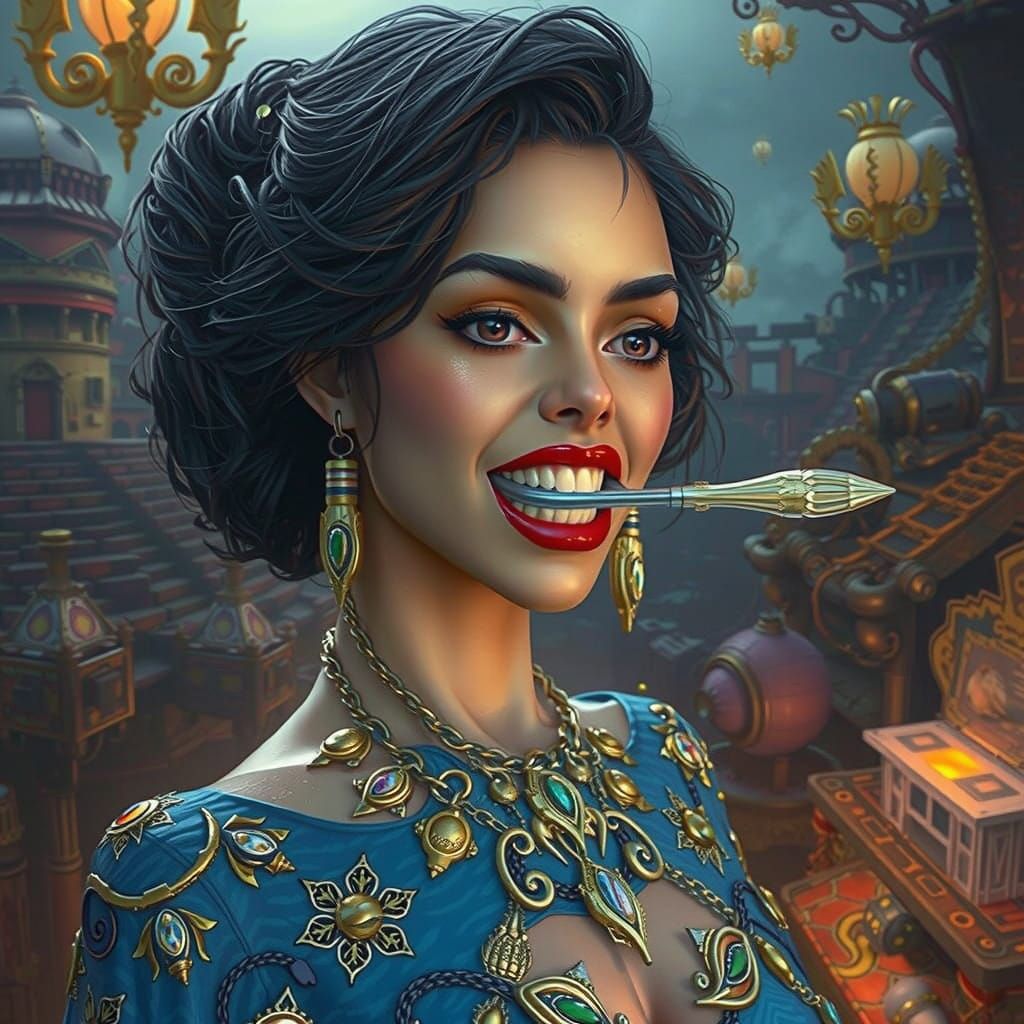 Mystical Woman Amidst Ruined Landscapes in Metallic Gag