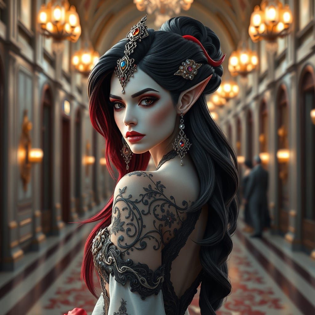 Regal Fire Elf in Gemstone Headdress