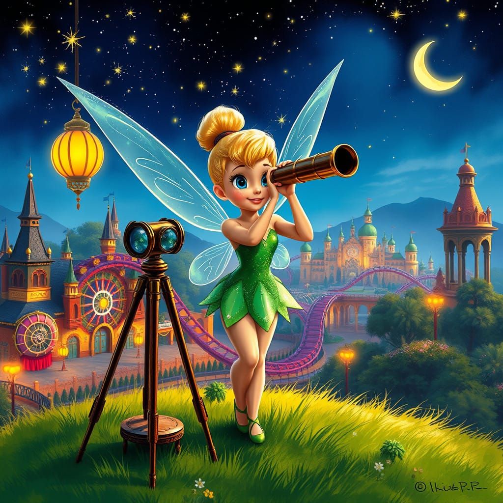 Tinkerbell looks through a telescope in wonder at the magical night sky on a hill above Disneyland in 1959.