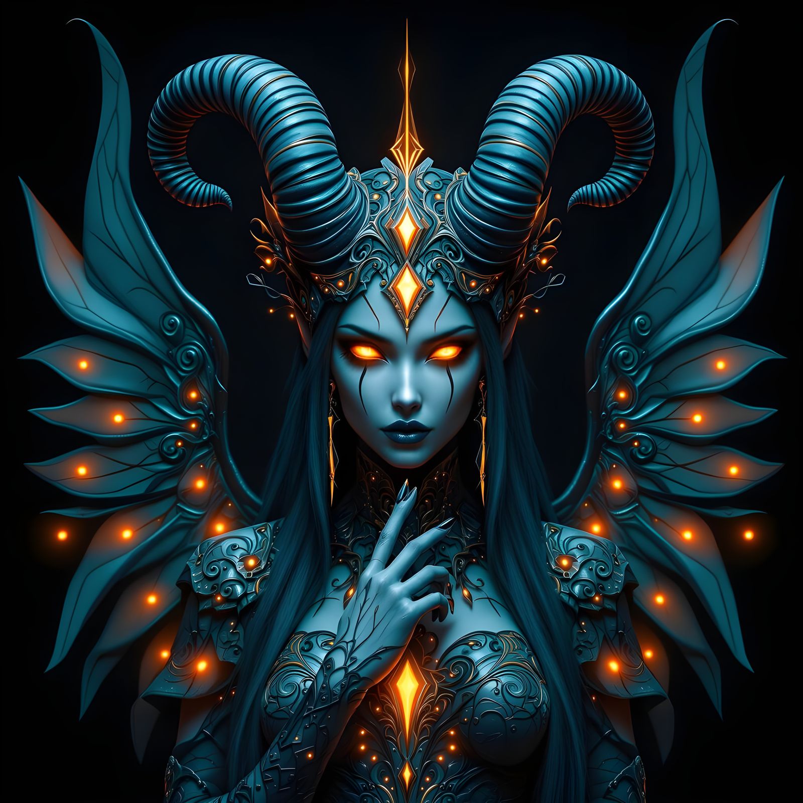 Ethereal Blue-Skinned Character with Ornate Headdress