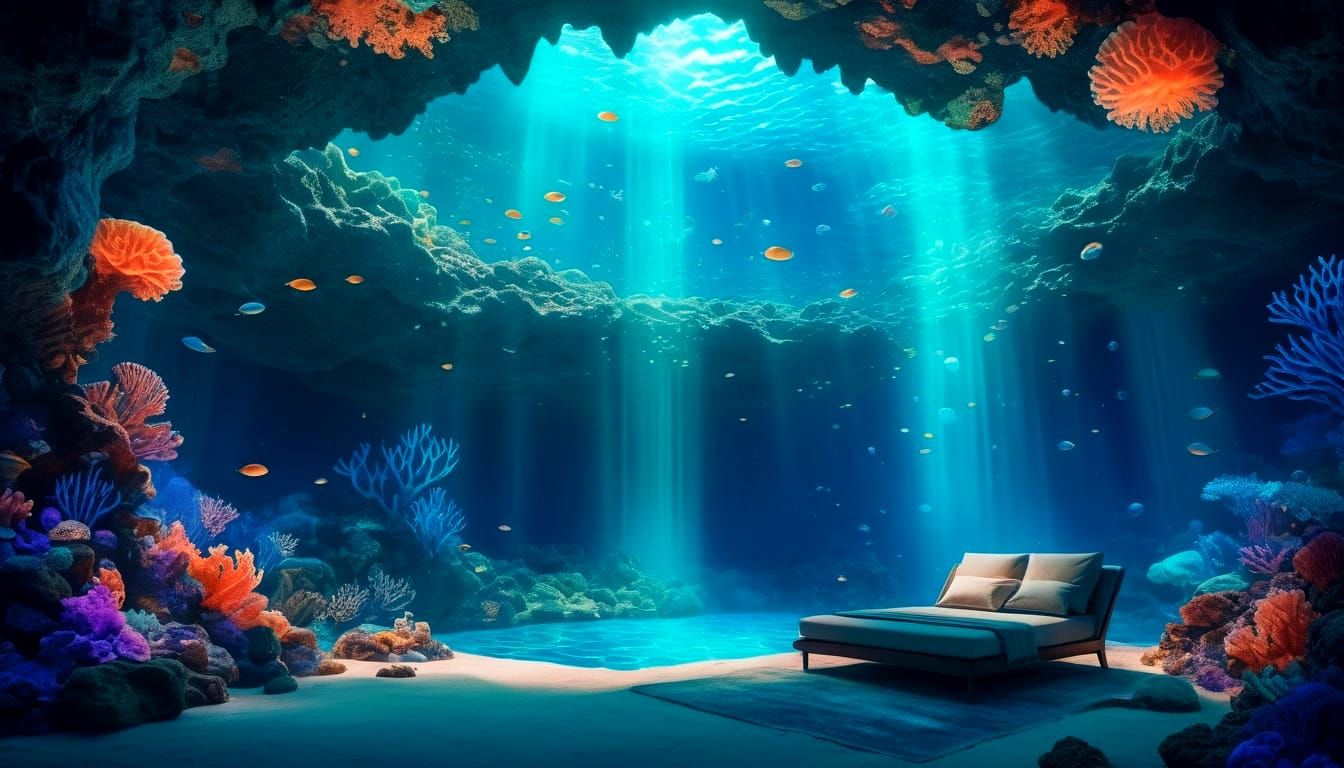 Enchanting Underwater Reading Nook in Coral Cave